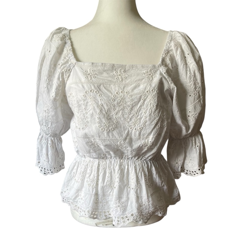 Liv Los Angeles White Eyelet Peplum Puff-Sleeve Top US M
